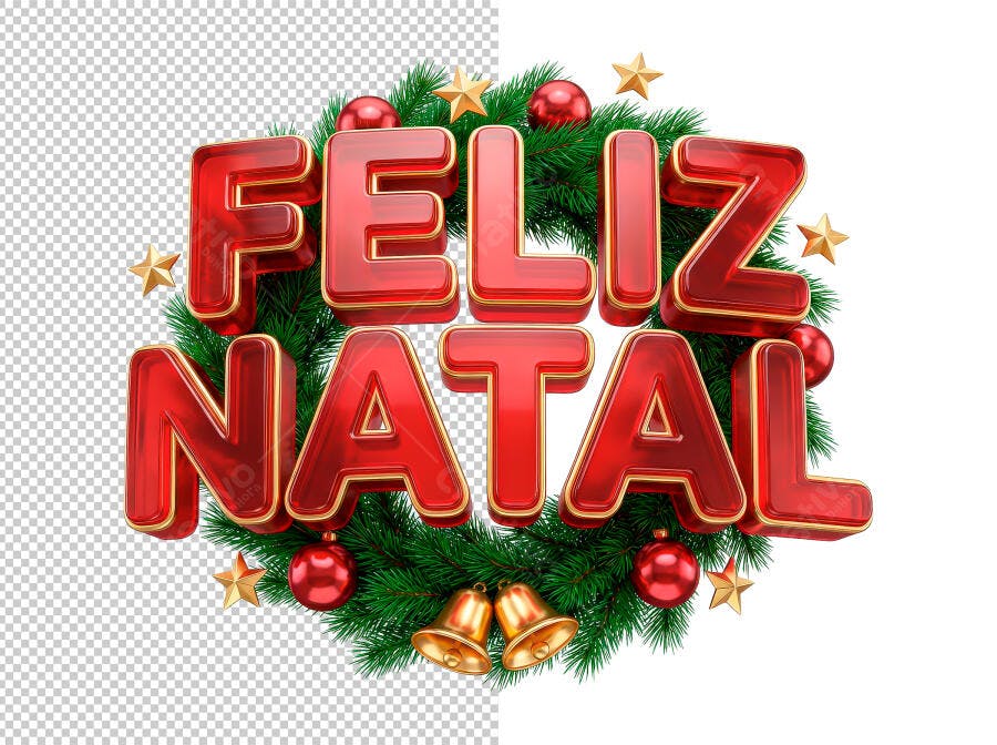 Selo 3D festivo Feliz Natal vermelho dourado com guirlanda verde sinos e estrelas