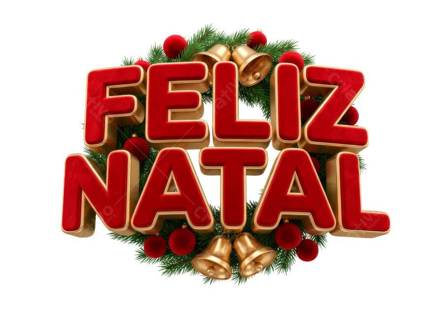 Selo 3D mensagem festiva Feliz Natal metalizado dourado vermelho com elementos natalinos