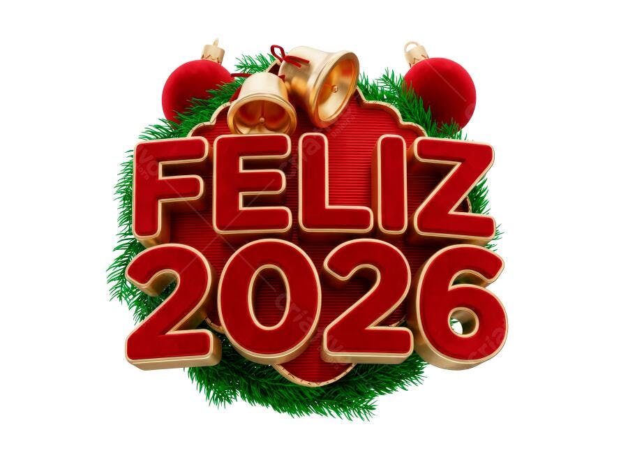 Selo 3D Feliz 2026 Ano Novo natalino dourado vermelho verde festivo