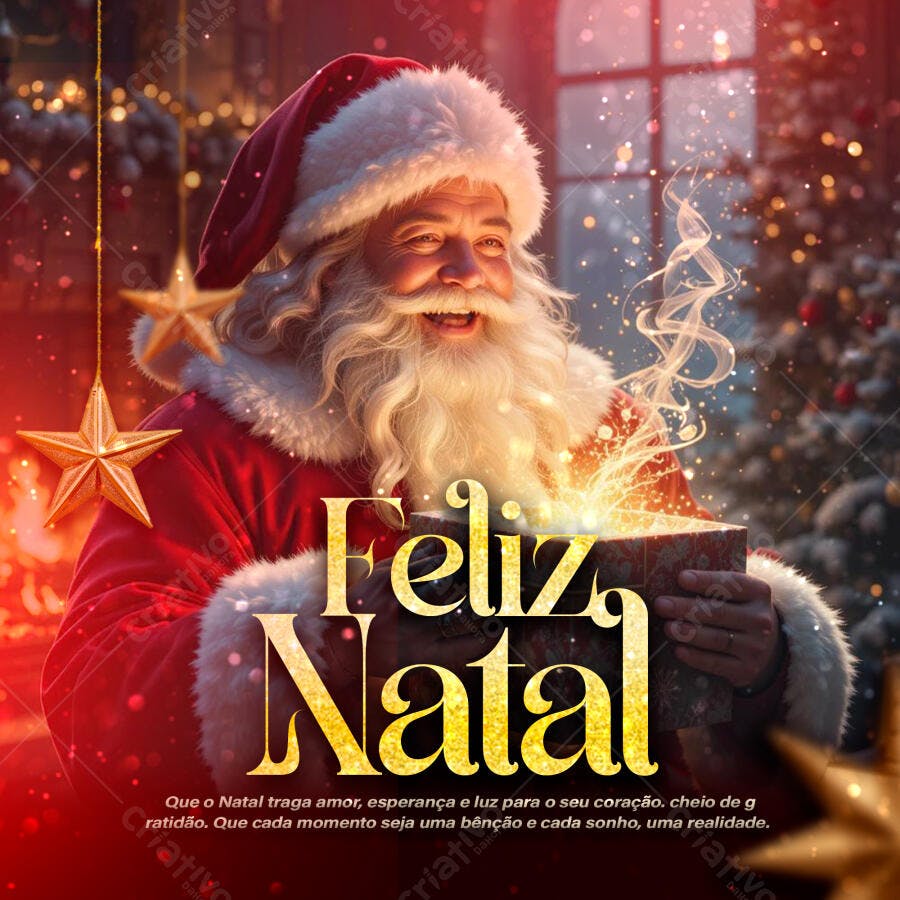 Imagem Feliz Natal Papai Noel Presente Dourado PSD Editável