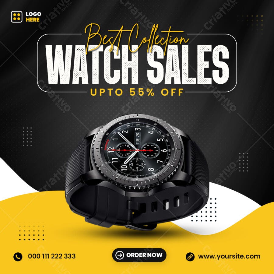 Flyer Venda Relógio Smartwatch Preto Masculino com 55% OFF PSD Editável