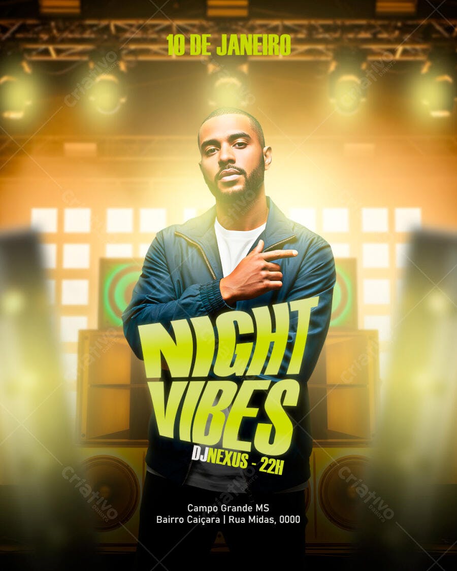 Flyer para Festa Night Vibes DJ Nexus 10 de Janeiro PSD Editável