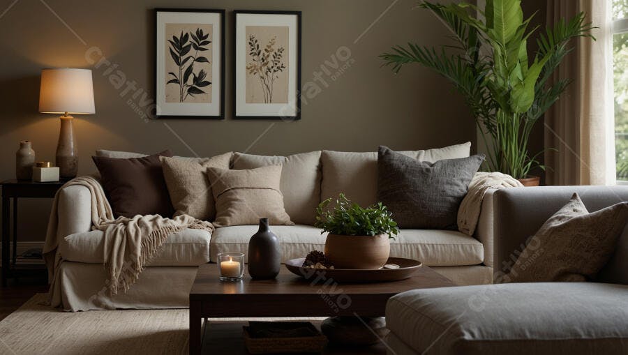 Sala de estar aconchegante com sofá bege decoração neutra e plantas verdes