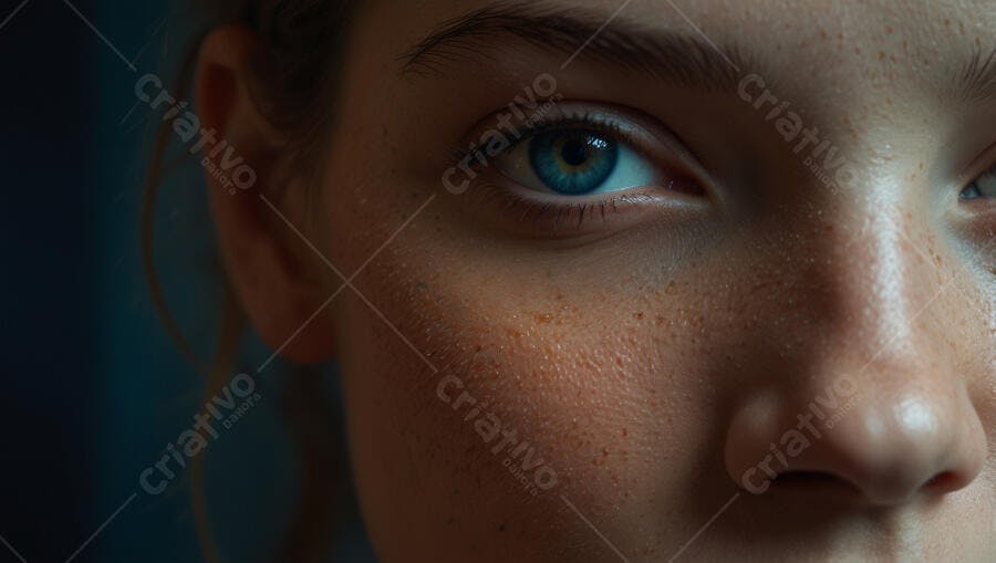 Mulher caucasiana com sardas e olho azul vibrante em close-up