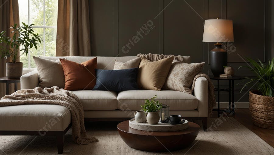 Sala de estar moderna com sofá modular bege e almofadas coloridas aconchegante