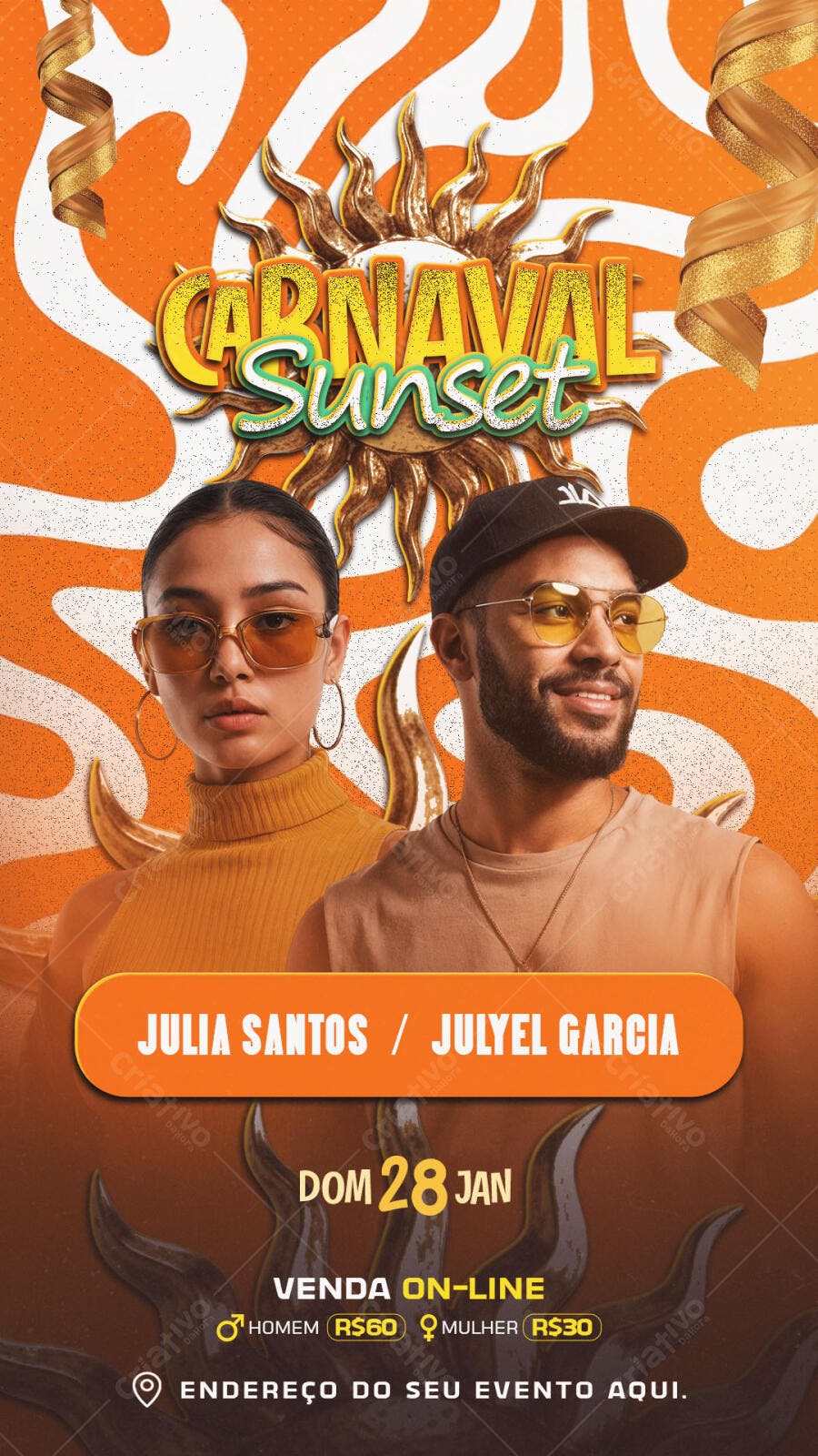 Flyer Carnaval Sunset Laranja e Dourado PSD Editável