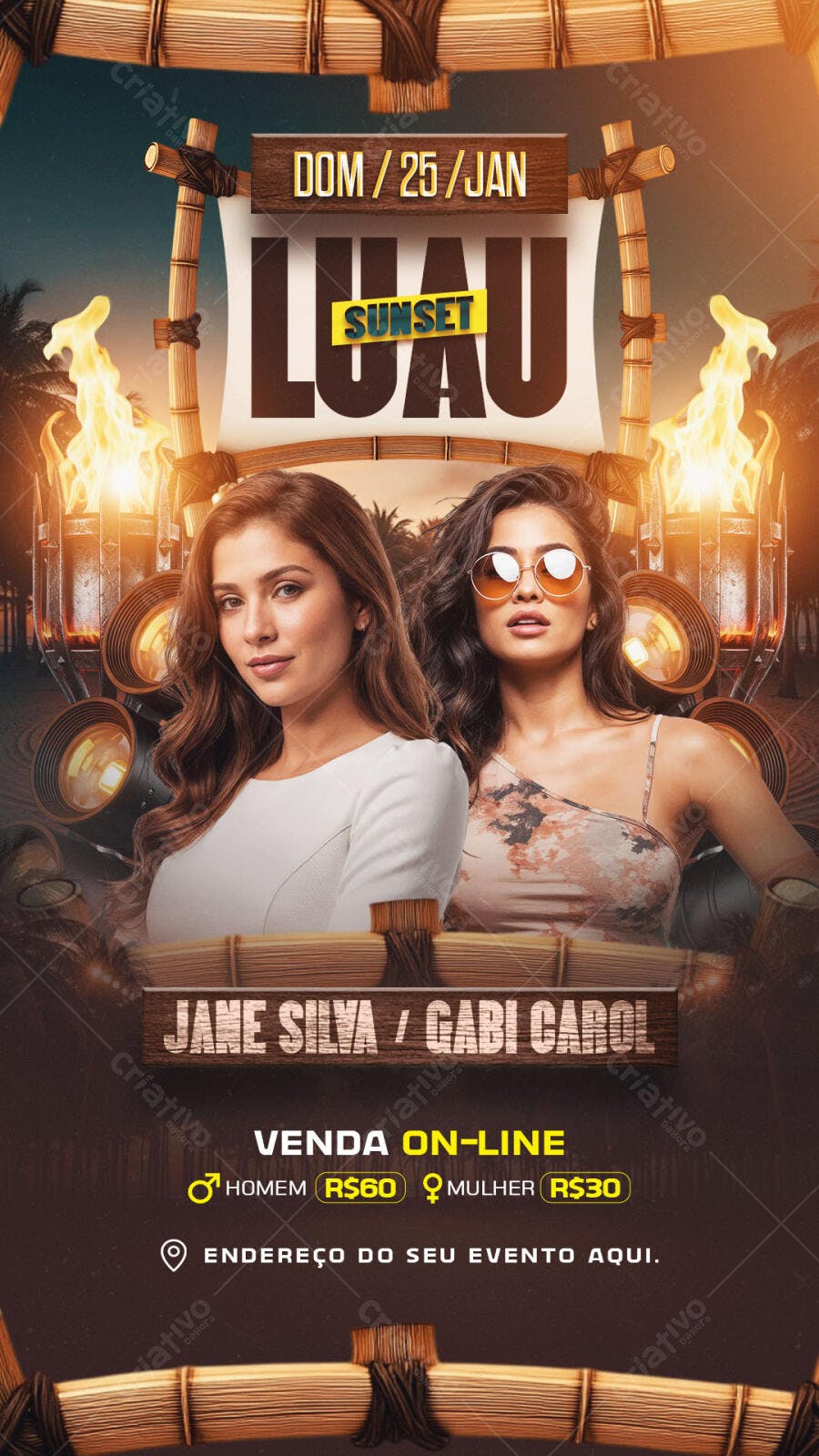 Flyer Luau Sunset com DJs Jane Silva e Gabi Carol PSD Editável
