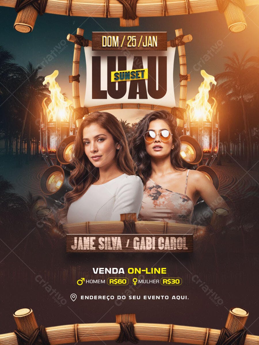 Flyer Luau Sunset para Festa Tropical PSD Editável