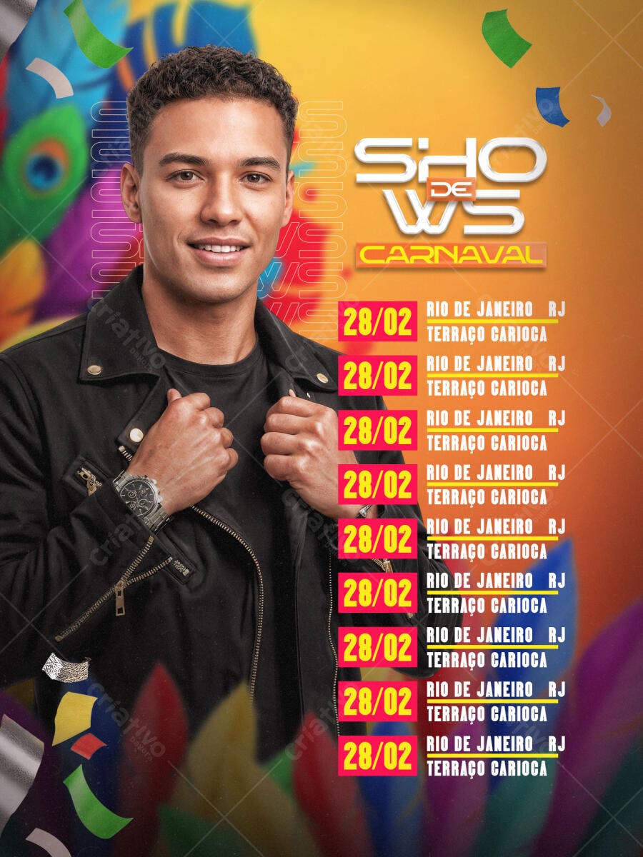 Flyer Shows de Carnaval Rio com Homem Sorrindo PSD Editável