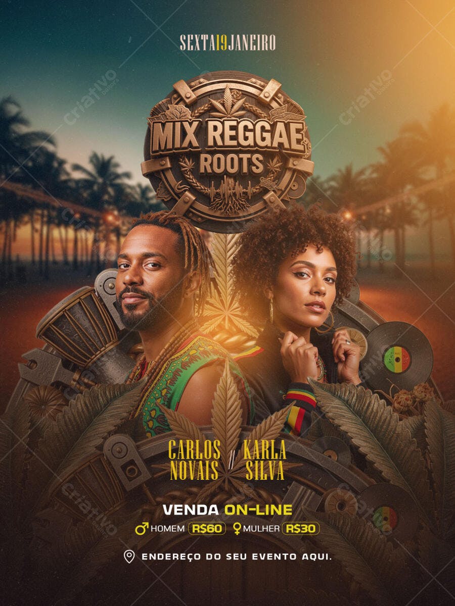 Flyer Evento Mix Reggae Roots Carlos Novais e Karla Silva Tropical PSD Editável