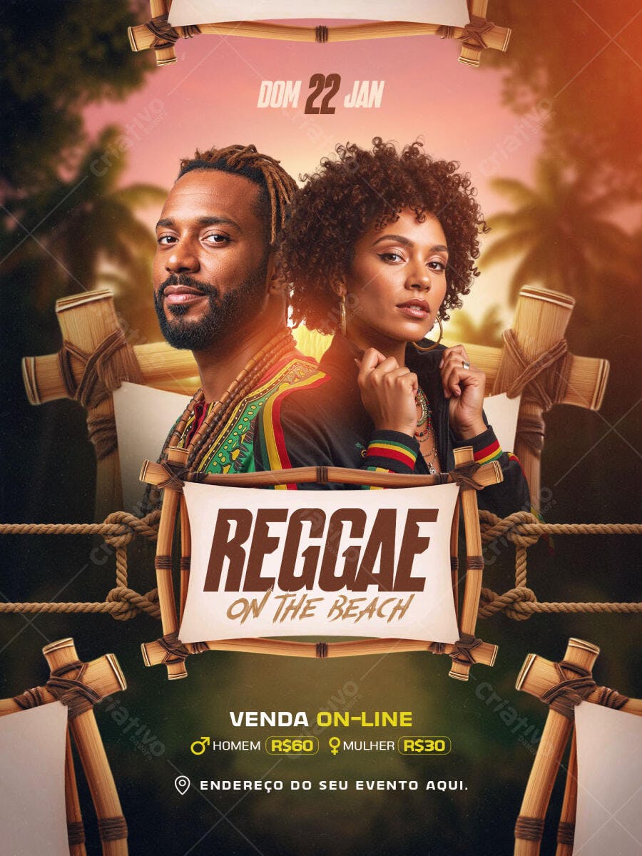 Flyer Evento Reggae na Praia 22 Jan PSD Editável