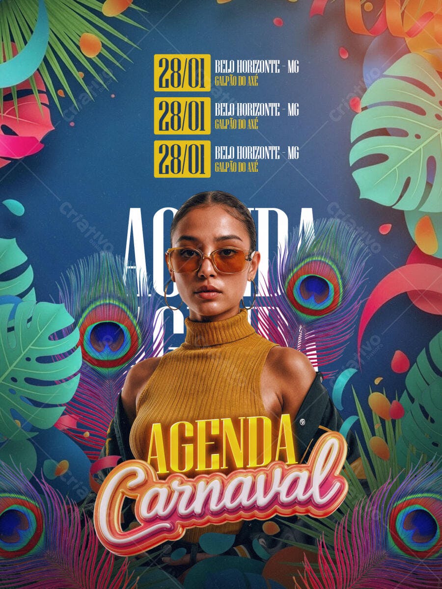 Flyer Agenda Carnaval Belo Horizonte Modelo Feminina PSD Editável