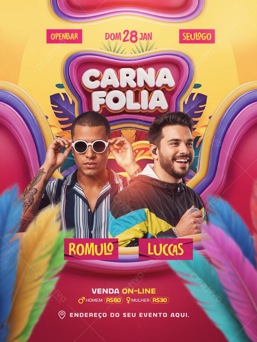 Flyer de Festa Carna Folia Open Bar PSD Editável