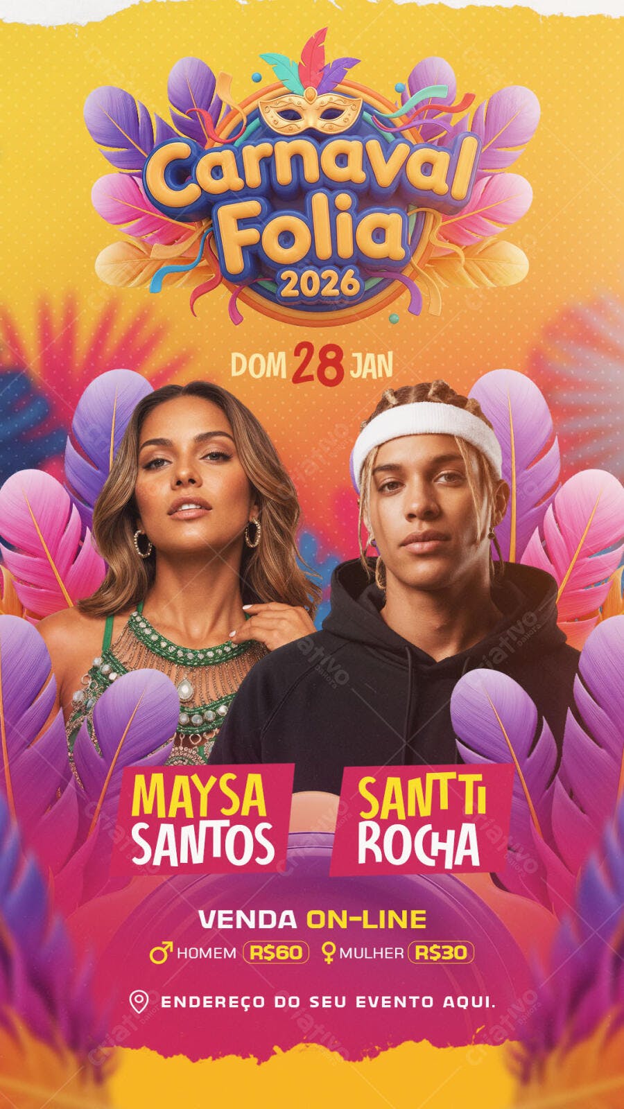 Flyer Carnaval Folia 2026 com Maysa Santos e Santti Rocha PSD Editável