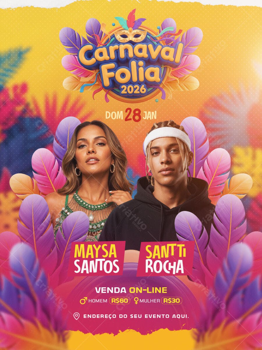 Flyer de Evento Carnaval Folia 2026 com DJs e Modelos PSD Editável