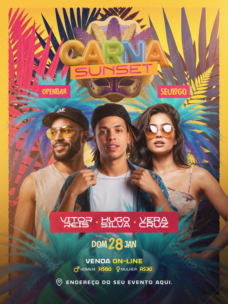 Flyer Festa de Carnaval Sunset com Djs PSD Editável
