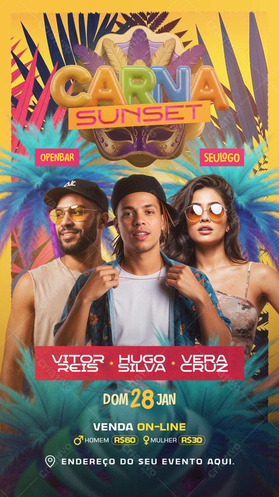 Flyer Carna Sunset Open Bar com Pessoas Jovens e Cores Vivas PSD Editável
