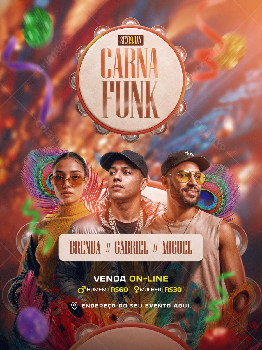 Flyer de Evento Carnafunk com Jovens e Pandeiro Vibrante PSD Editável