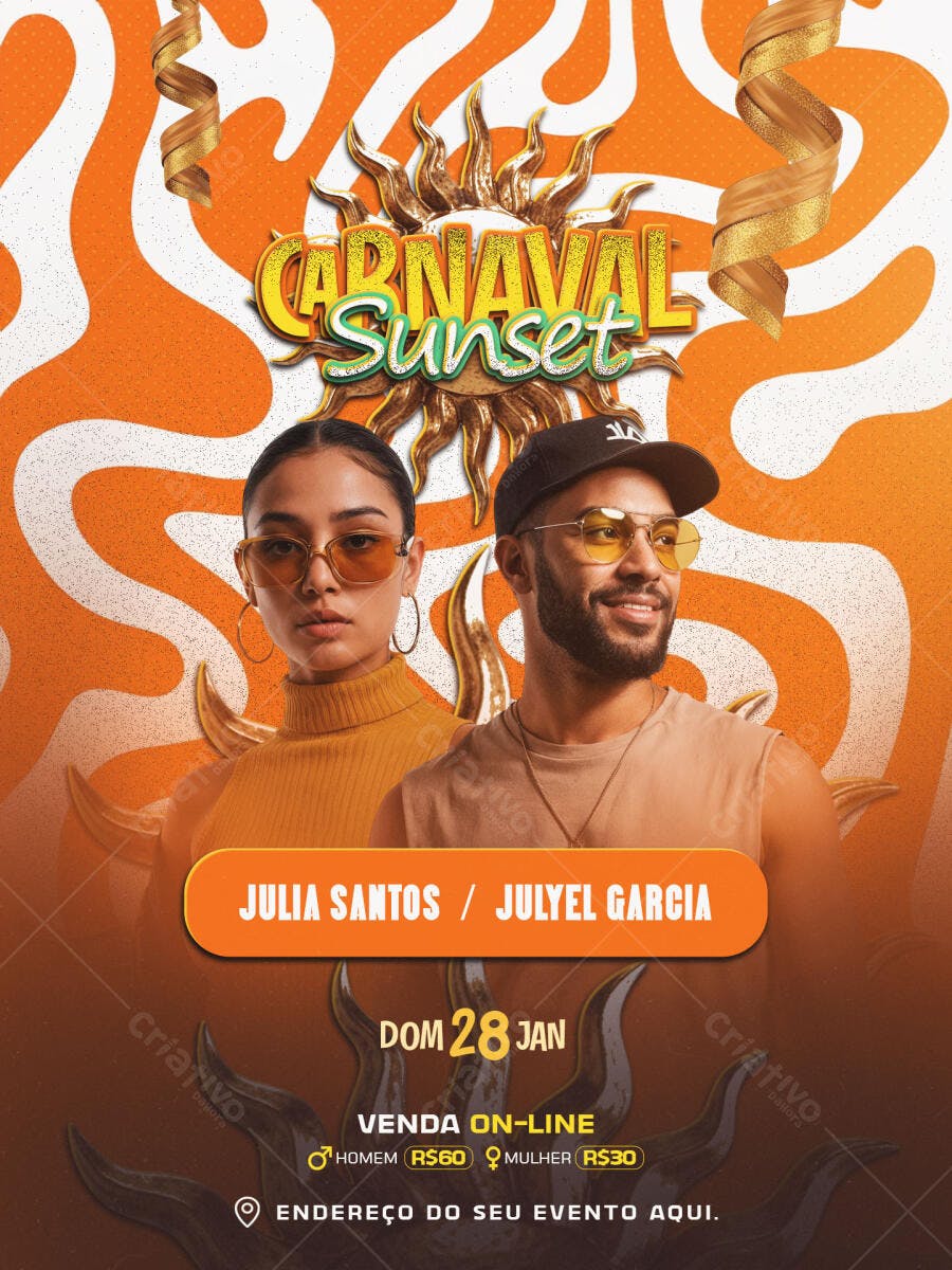 Flyer de Evento Carnaval Sunset Laranja Dourado PSD Editável