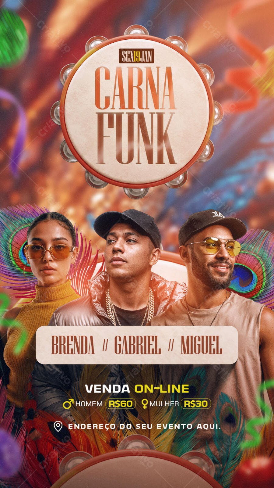Flyer Festa Carna Funk Sexta 19 Jan com Brenda Gabriel Miguel PSD Editável