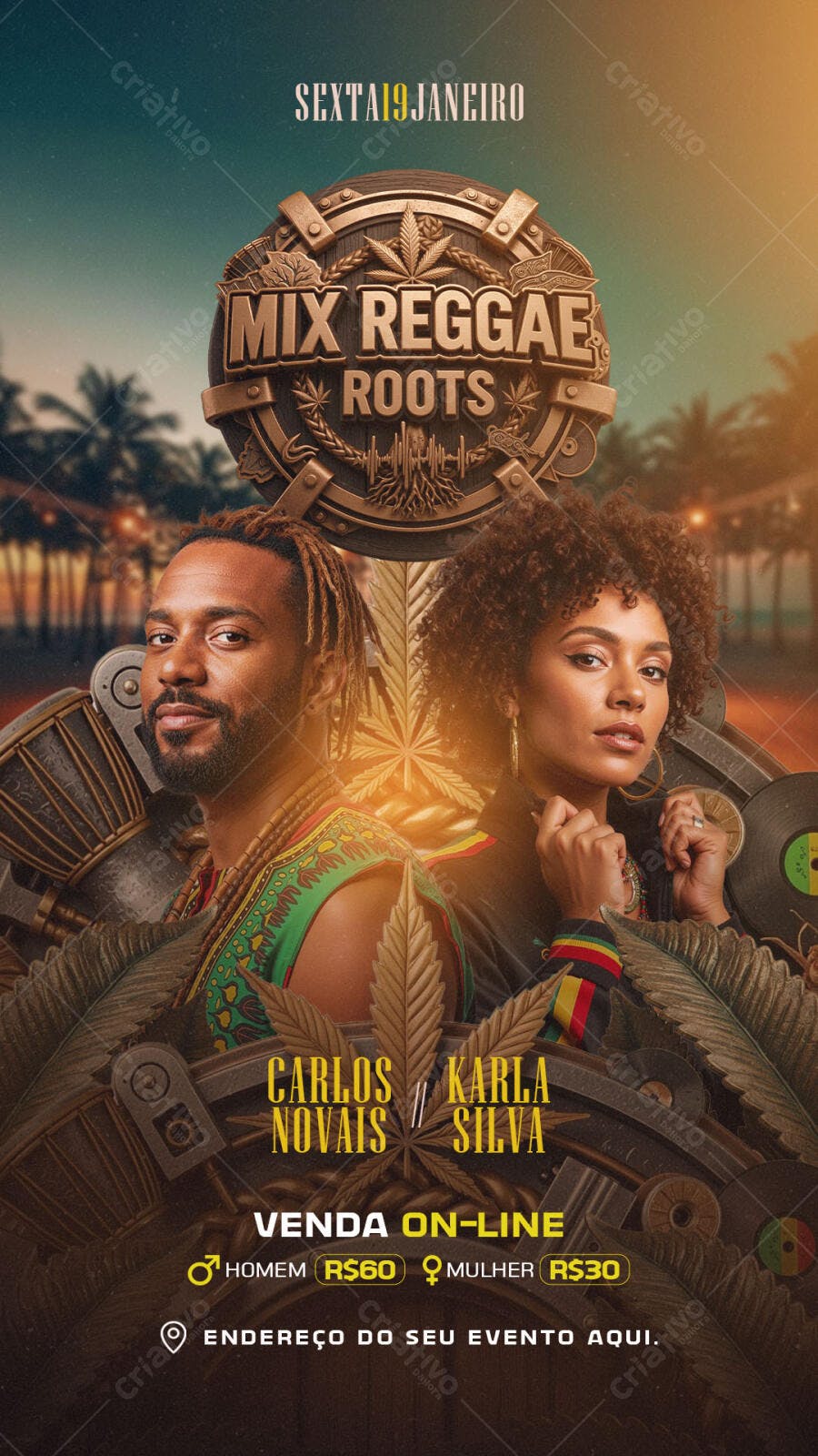 Flyer Mix Reggae Roots Sexta 19 de Janeiro PSD Editável
