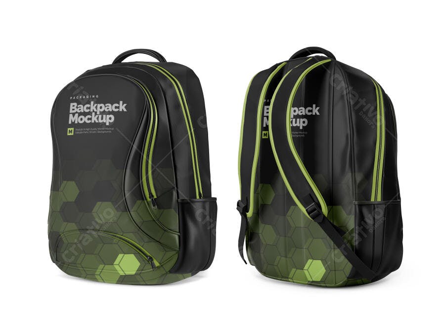 Mockup Mochila Escolar Moderna Preta e Verde Neon com Estampa Hexagonal