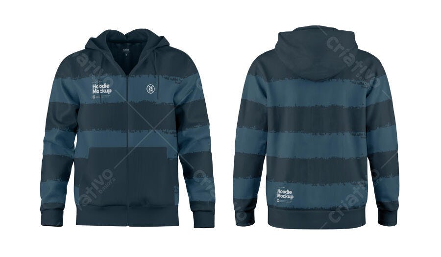 Mockup de Moletom com Capuz Listrado Azul Marinho e Ciano Vistas Frontal e Traseira