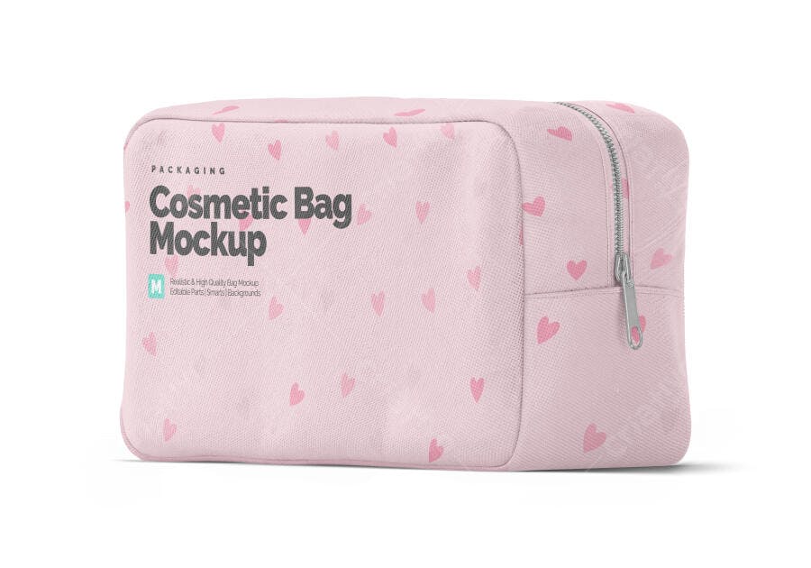 Mockup Realista Necessaire Bolsa Cosméticos Rosa com Corações e Zíper