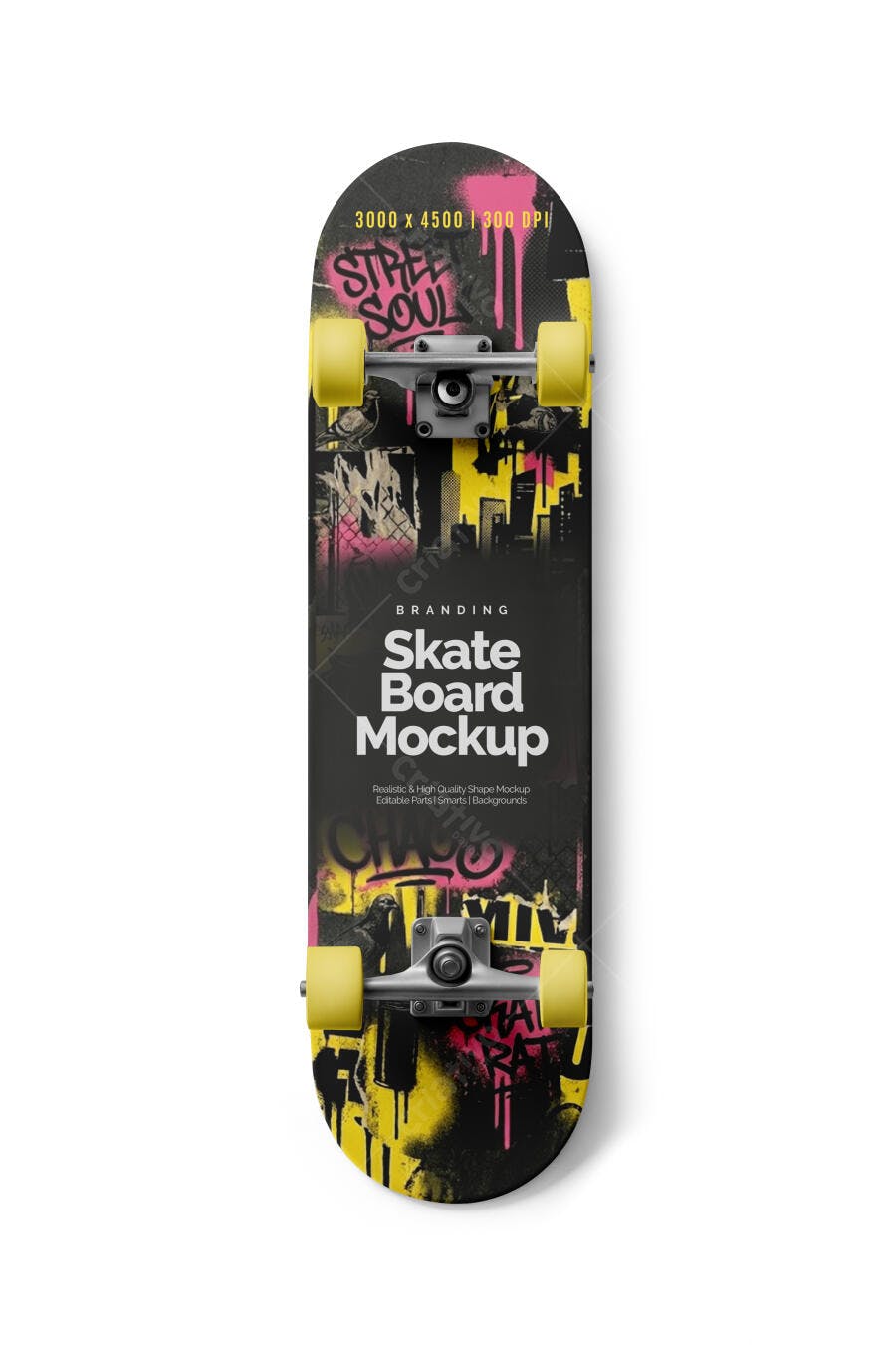 Mockup Realista de Skate com Rodas Amarelas e Arte Urbana Graffiti Grunge