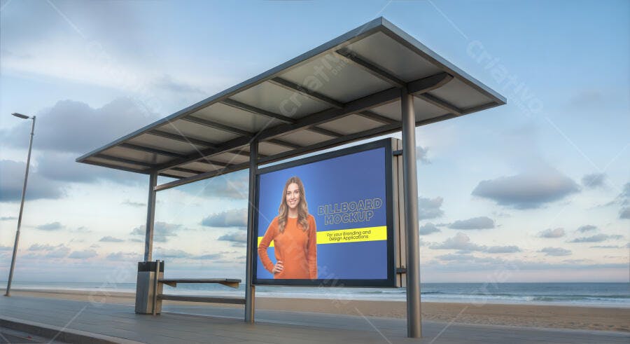 Mockup Painel Digital Ponto de Ônibus Praia Litorânea Céu Azul com Mulher Jovem
