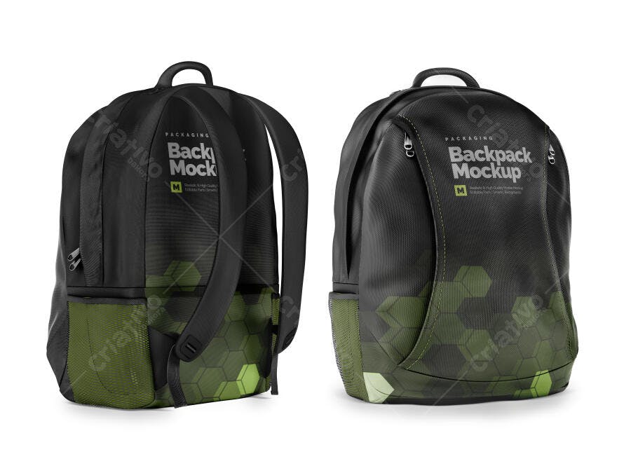 Mockup Moderno de Mochila Esportiva Preta e Verde Olive com Padrão Hexagonal Realista