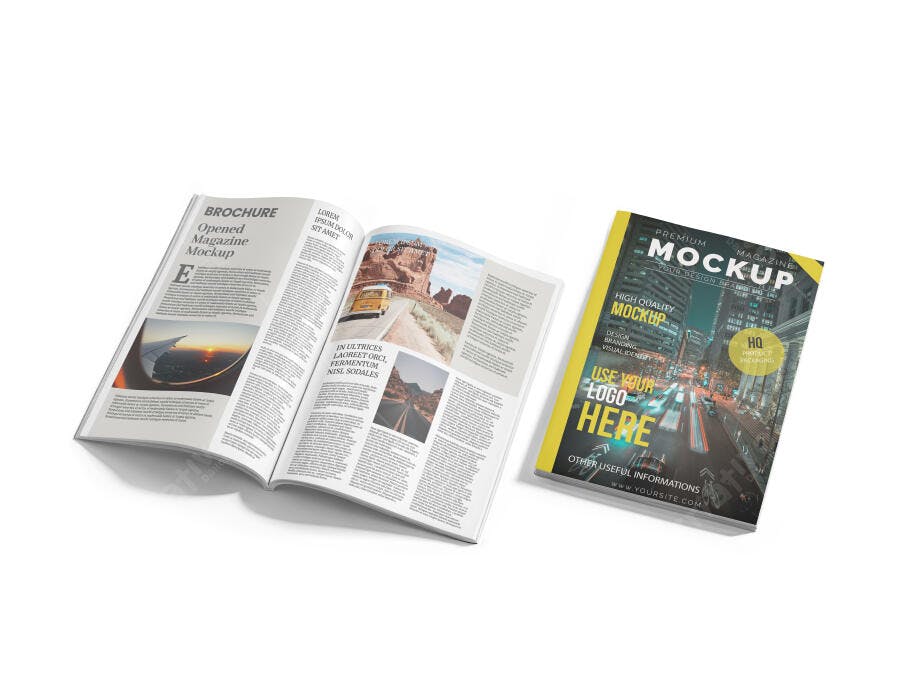 Mockup de Revista Aberta e Capa Fechada Amarela Urbana para Publicações Realistas