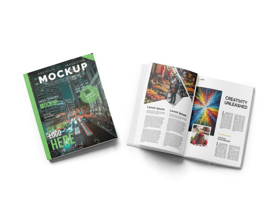 Mockup Realista de Revista A4 Dupla com Capa de Cidade Noturna e Páginas Internas