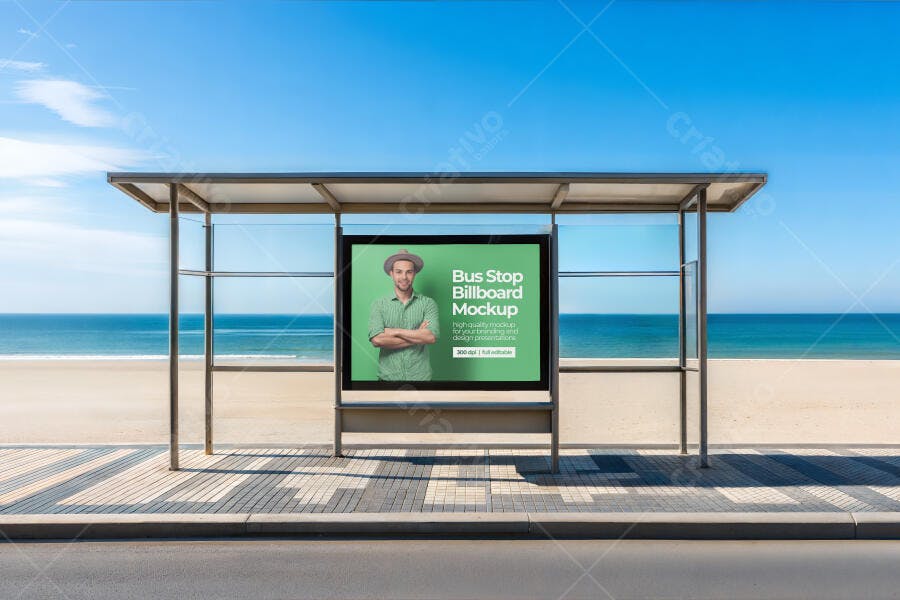 Mockup Outdoor Ponto de Ônibus Praia Realista com Anúncio Verde e Céu Azul