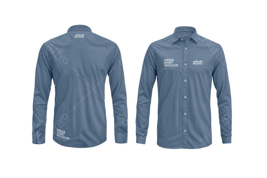 Mockup Camisa Social Manga Longa Masculina Azul Acinzentada Frente e Verso Realista