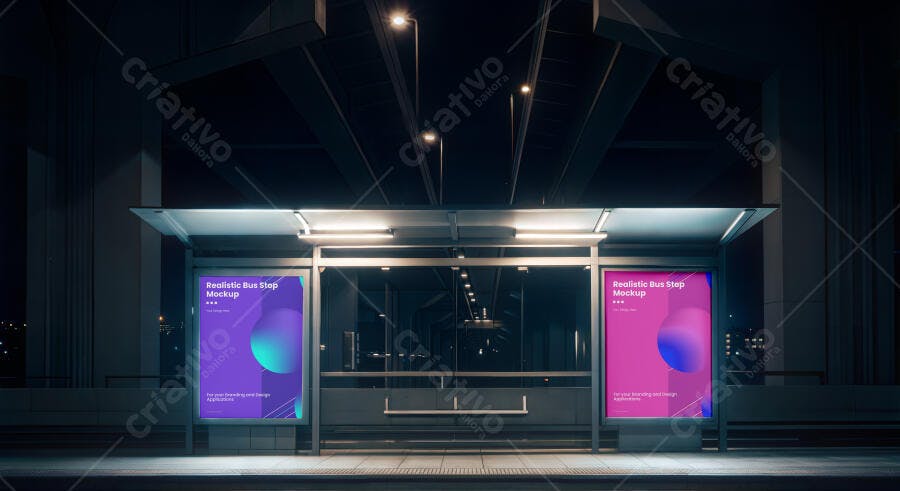 Mockup Realista de Ponto de Ônibus Noturno Urbano com Outdoor Publicidade Luminosa