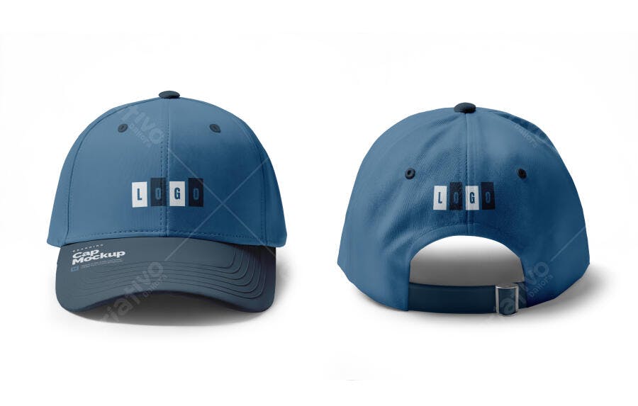 Mockup Boné Azul Marinho e Viseira Grafite para Logo Marca Visão Frontal e Traseira