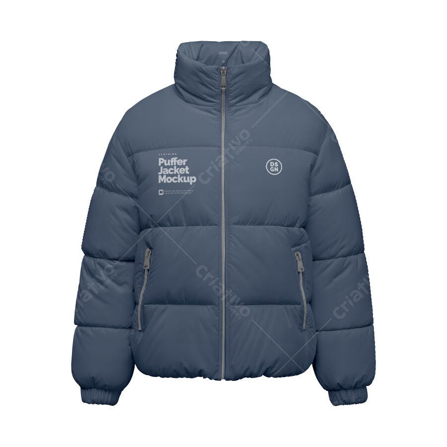 Mockup Realista Jaqueta Puffer Azul Acinzentado Gola Alta para Moda Inverno