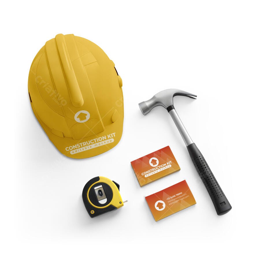 Mockup Kit de Identidade Visual Construção Capacete Martelo Trena Cartões Amarelo Laranja