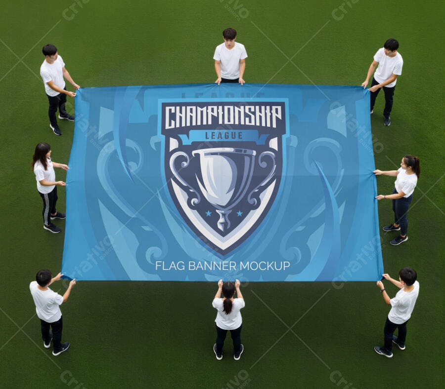 Mockup Banner Flâmula Grande Azul Equipe Jovem Asiática Campo Esportivo Realista