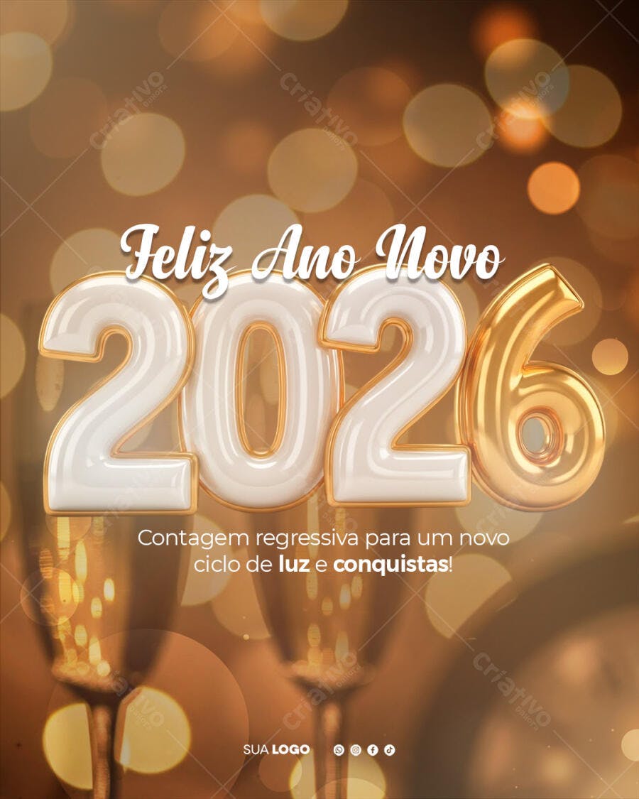 Post Redes Sociais Dourado Taças Bokeh para Feliz Ano Novo 2026 PSD Editável