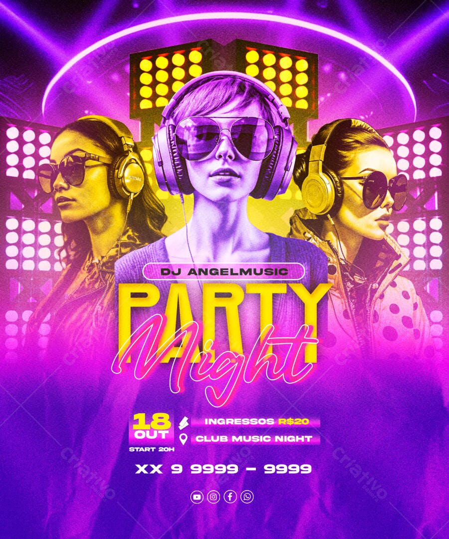 Flyer Festa Club Music Night DJs Mulheres Neon PSD Editável