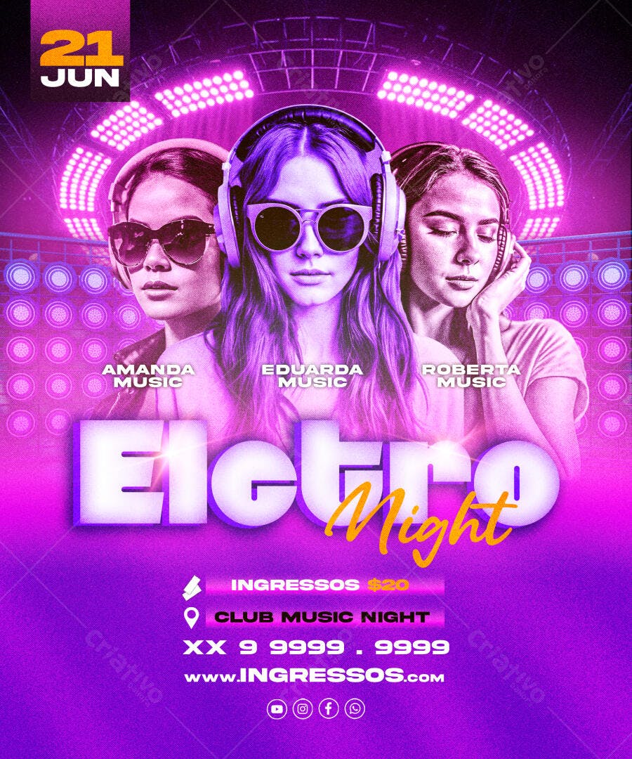 Flyer Festa Eletro Night com Djs Mulheres PSD Editável