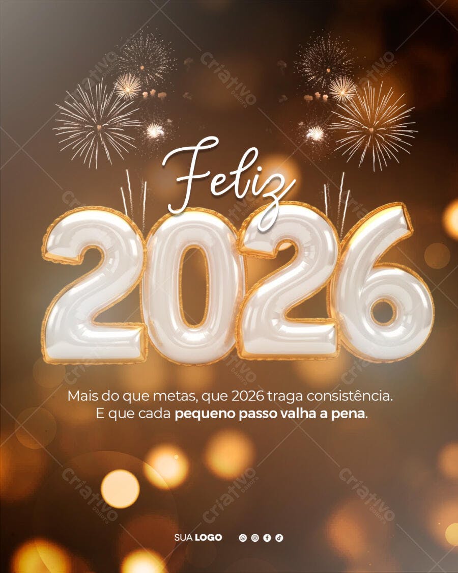 Post de Ano Novo Feliz 2026 com Balões e Fogos PSD Editável
