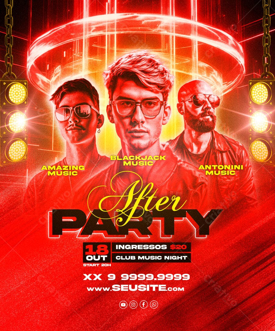 Flyer After Party Club Music Night DJs Vermelho PSD Editável