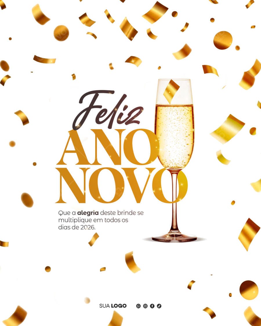 Flyer Feliz Ano Novo com Champanhe e Confetes Dourados PSD Editável