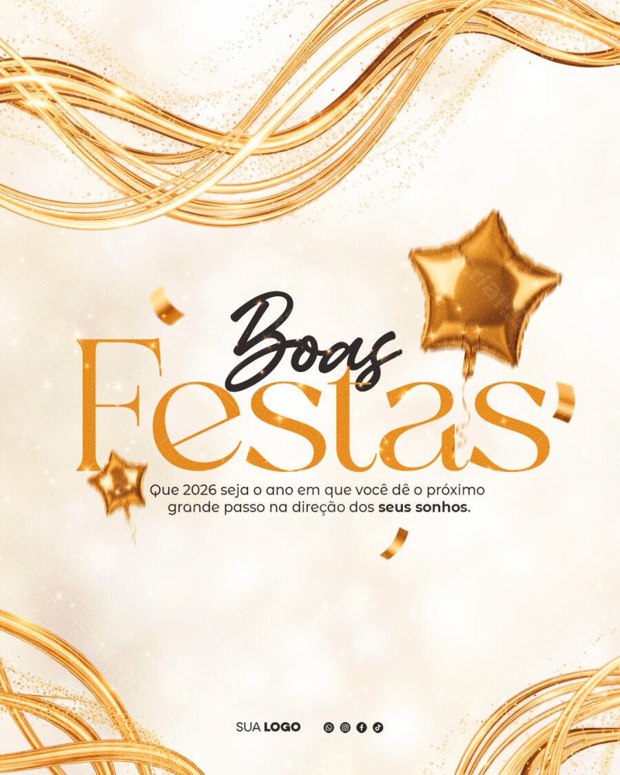 Flyer Boas Festas Ano Novo Dourado com Estrelas PSD Editável