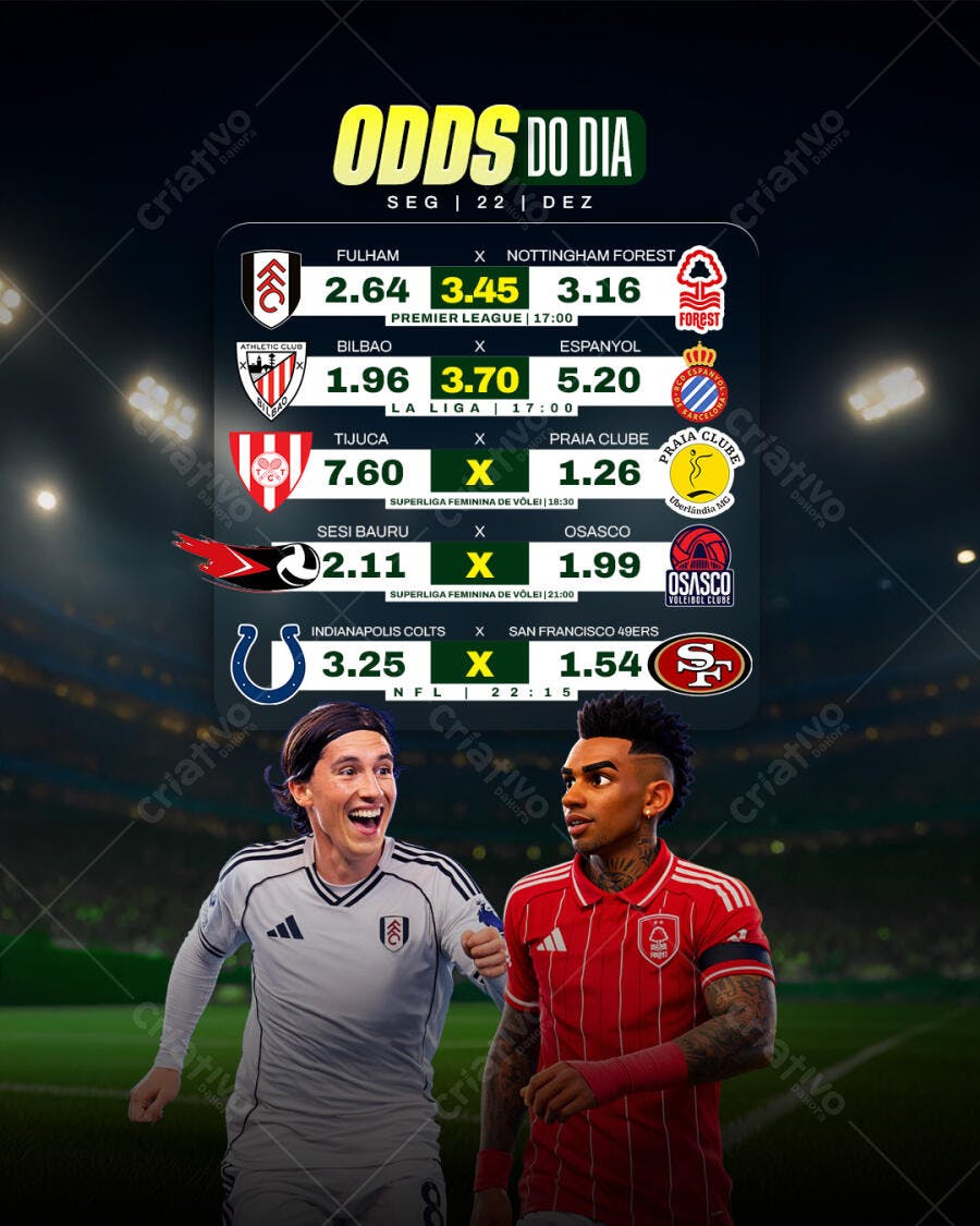 Flyer Odds do Dia Futebol Vôlei NFL Seg 22 Dez PSD Editável