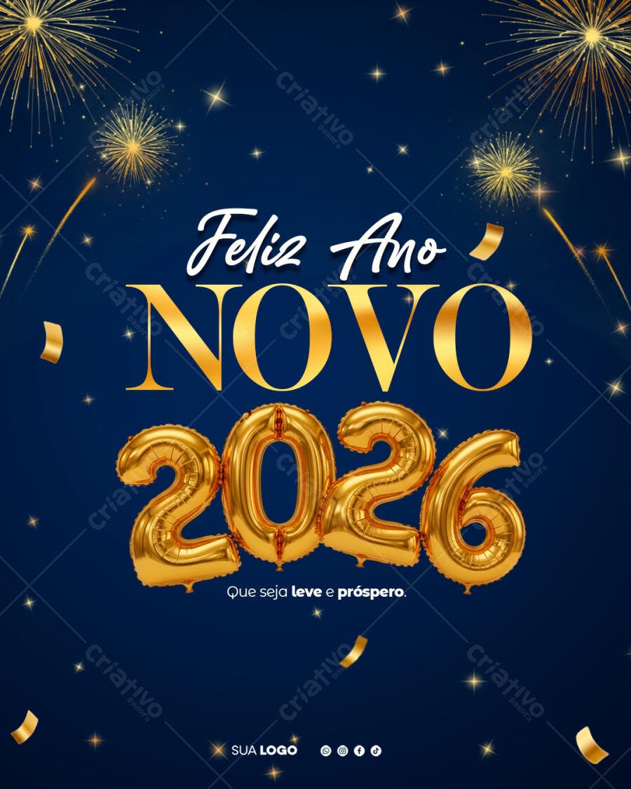Post Social Media Feliz Ano Novo 2026 PSD Editável