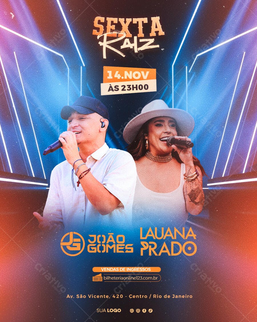 Flyer de Show Musical Sexta Raiz com João Gomes e Lauana Prado PSD Editável